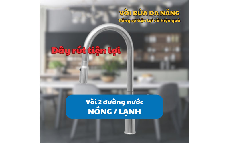 2 đường nước nóng lạnh của Vòi nóng lạnh dây rút inox Malloca K046-SS