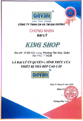  Chứng nhận King Shop là đại lý ủy quyền chính thức thương hiệu Giovani