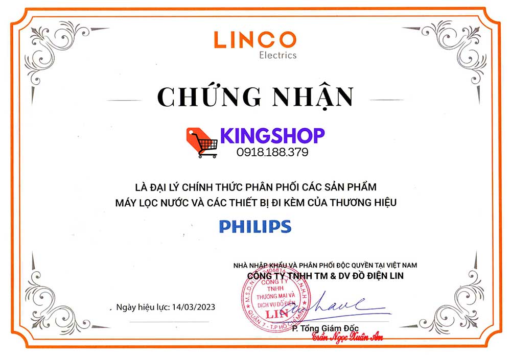 Chứng nhận King Shop là đại lý ủy quyền phân phối sản phẩm Philips