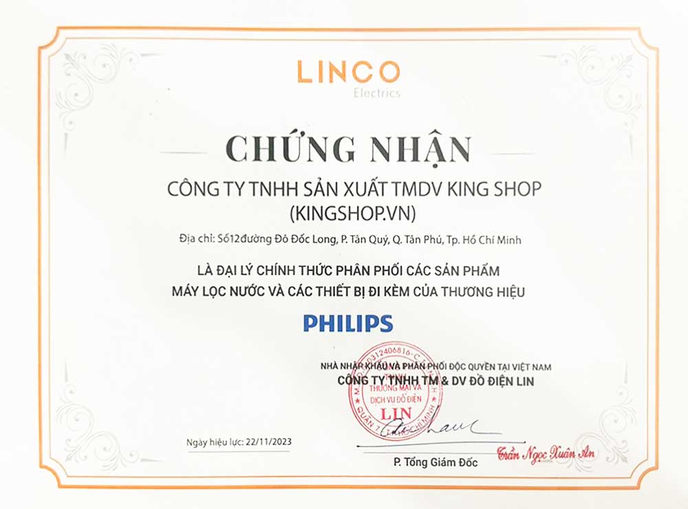 Chứng nhận King Shop là đại lý ủy quyền phân phối sản phẩm Philips