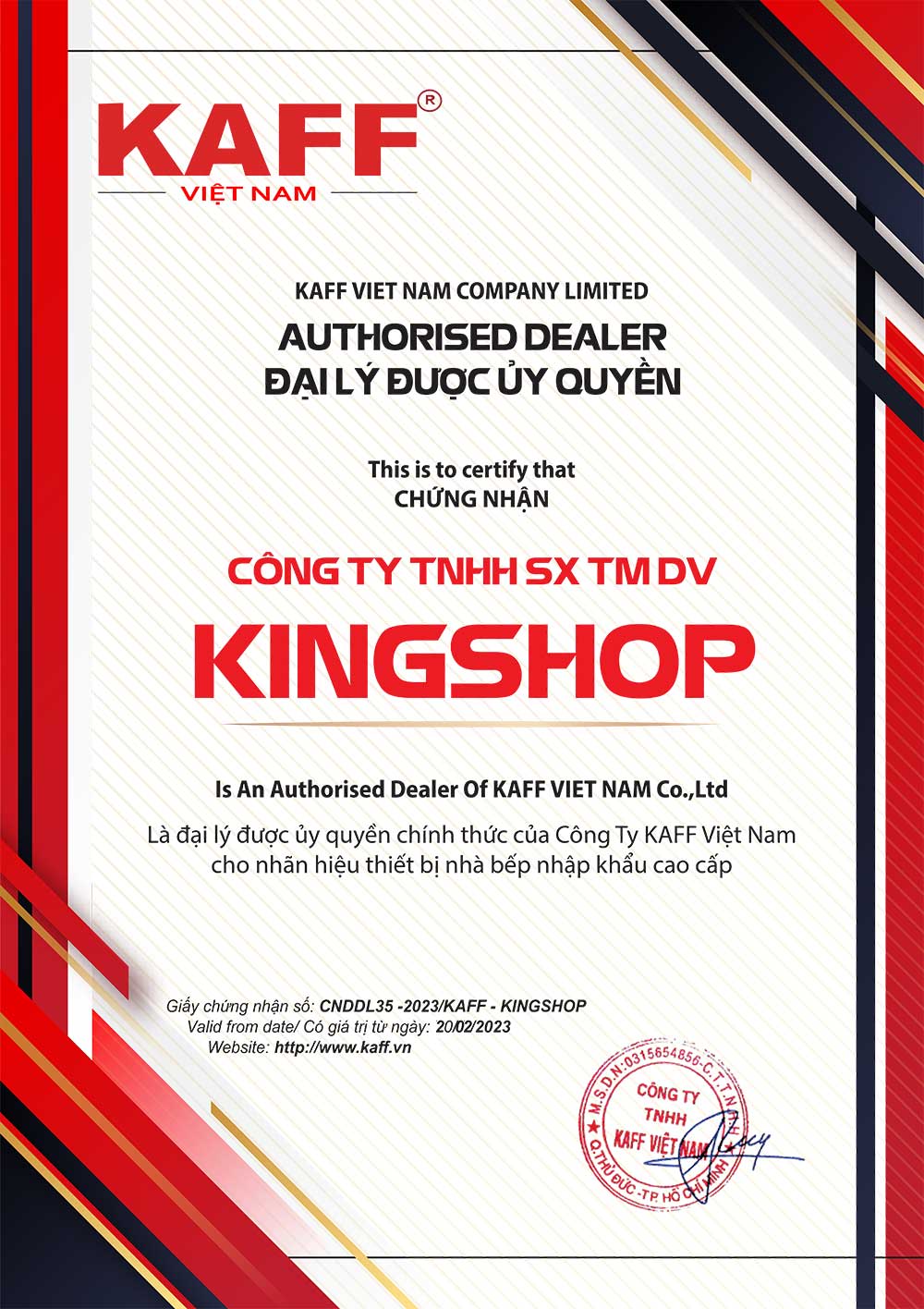 Chứng nhận King Shop là đại lý ủy quyền của công ty KAFF Việt Nam 