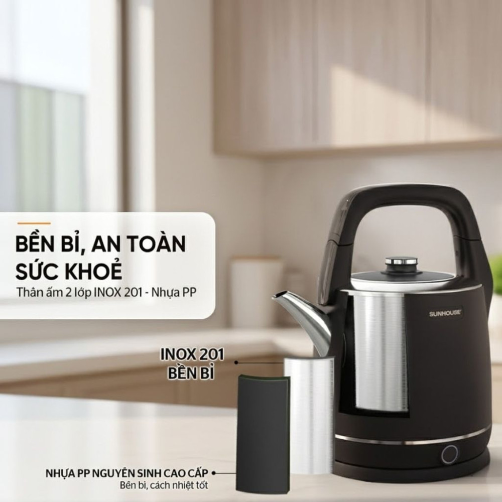 Ấm siêu tốc inox 2 lớp 5L Sunhouse SHD1415  - Hàng chính hãng