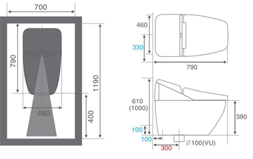 Kích thước của bàn cầu cảm ứng INAX DV R115VH VN/BKG