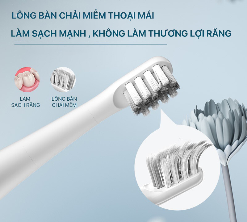 Đầu bàn chải được làm bằng sợi Dupont mềm mại, không gây tổn thương đến nướu hay chảy máu chân răng