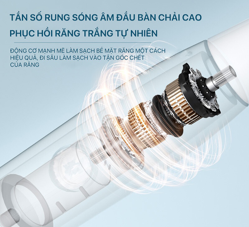  Tần số rung cao 20.000 nhịp/phút tạo ra lực chải răng mạnh mẽ giúp làm sạch mọi mảng bám