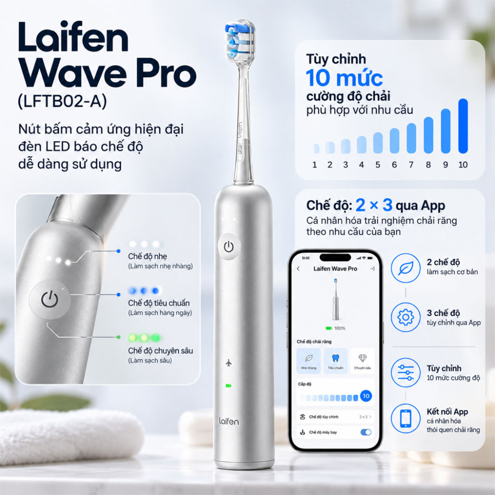 Bàn chải điện thân nhôm Laifen Wave Pro (LFTB02-A) - Hàng chính hãng