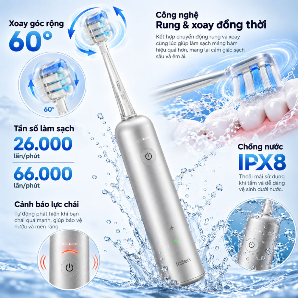 Bàn chải điện thân nhôm Laifen Wave Pro (LFTB02-A) - Hàng chính hãng