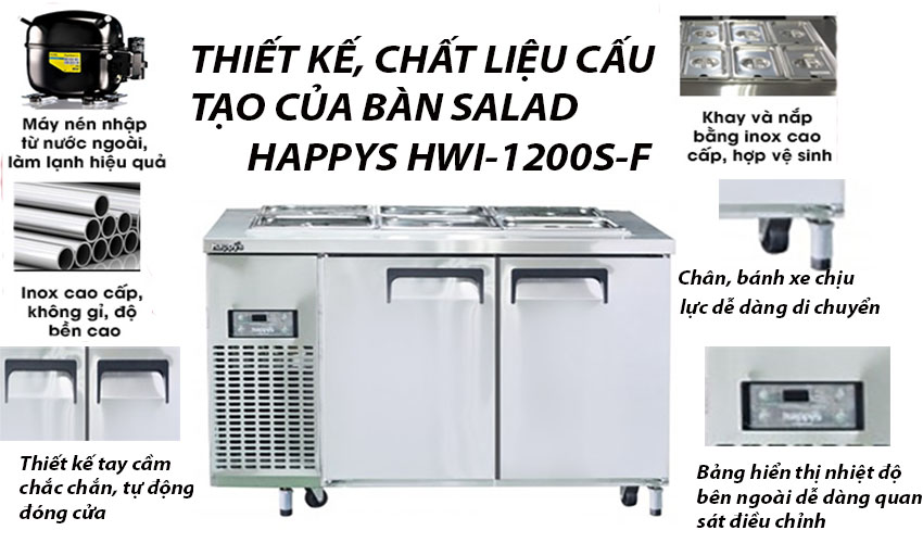 Thiết kế của Bàn mát salad công nghiệp 2 cánh gián tiếp Happys HWI-1200S-F