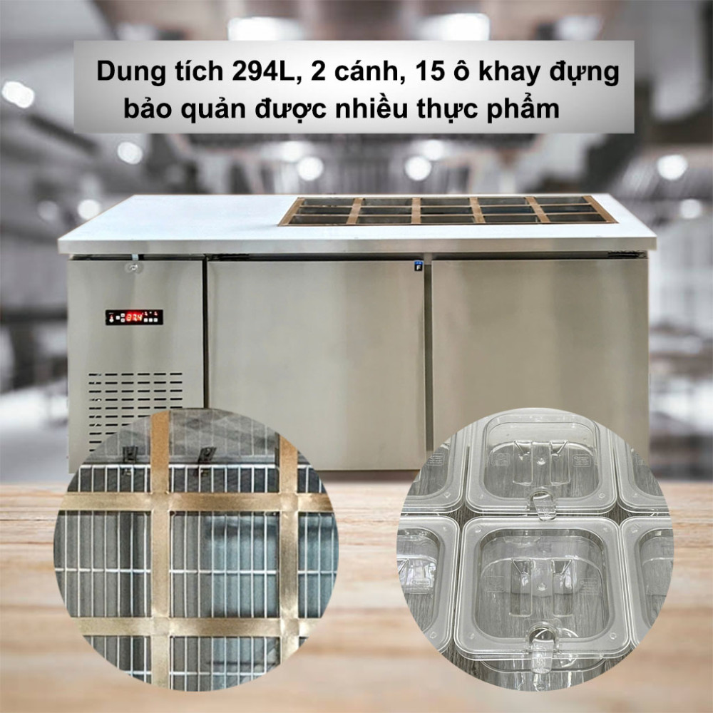 Bàn salad 1.5m Lightcool BL-1500 294L có dung tích lớn phù hợp bếp ăn công nghiệp