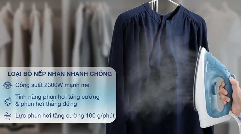 Công suất 2300W giúp làm nóng nhanh, ủi đồ nhanh phẳng tiết kiệm thời gian