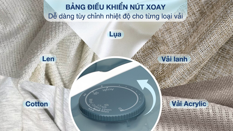 Thiết kế núm xoay điều khiển công suất nhiệt độ phù hợp với từng loại vải,