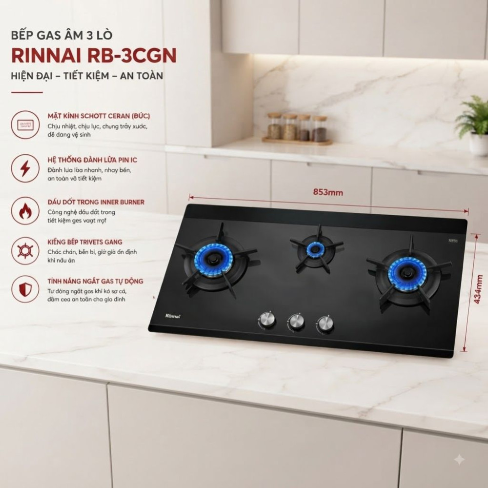 Bếp gas 3 vùng nấu Rinnai RB-3CGT-GEN - Hàng chính hãng