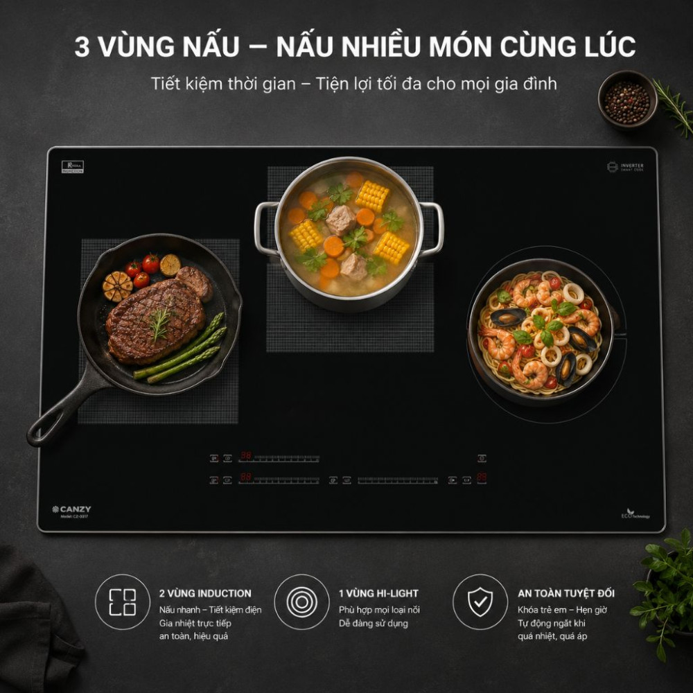 Bếp 3 hồng ngoại điện từ Canzy CZ 032T - Hàng chính hãng