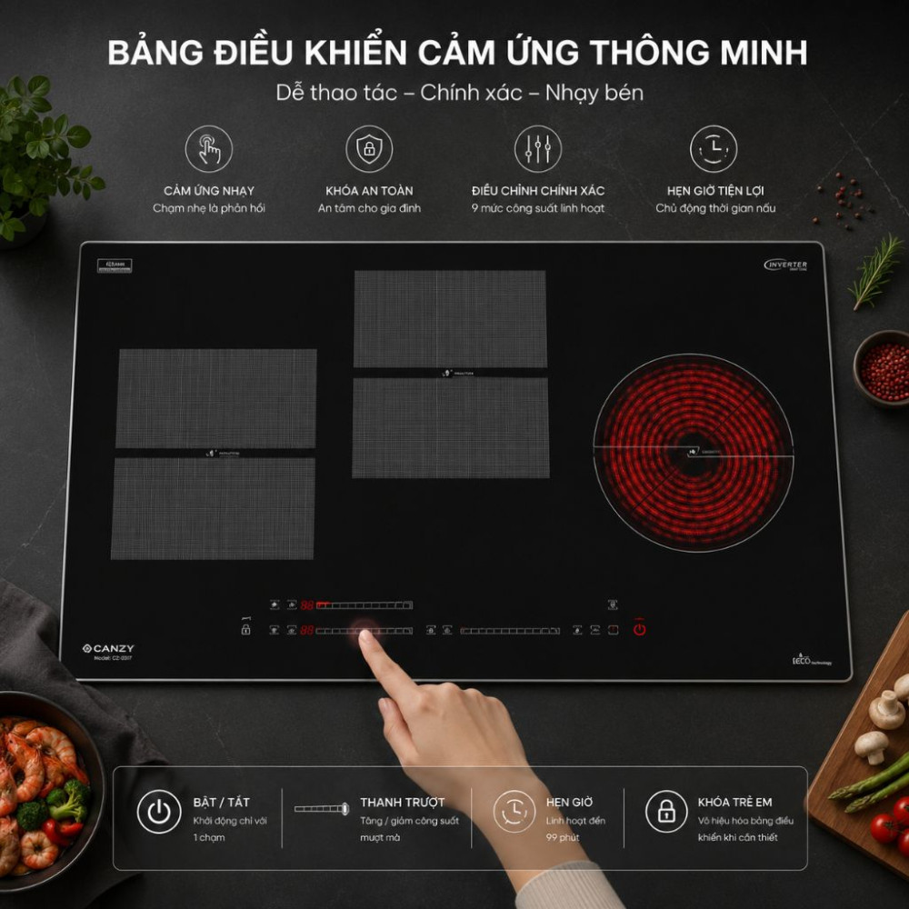 Bếp 3 hồng ngoại điện từ Canzy CZ 032T - Hàng chính hãng