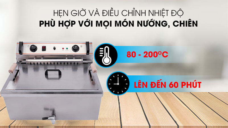 Nhiệt độ và thời gian của Bếp chiên nhúng điện đơn 1 ngăn 25L.