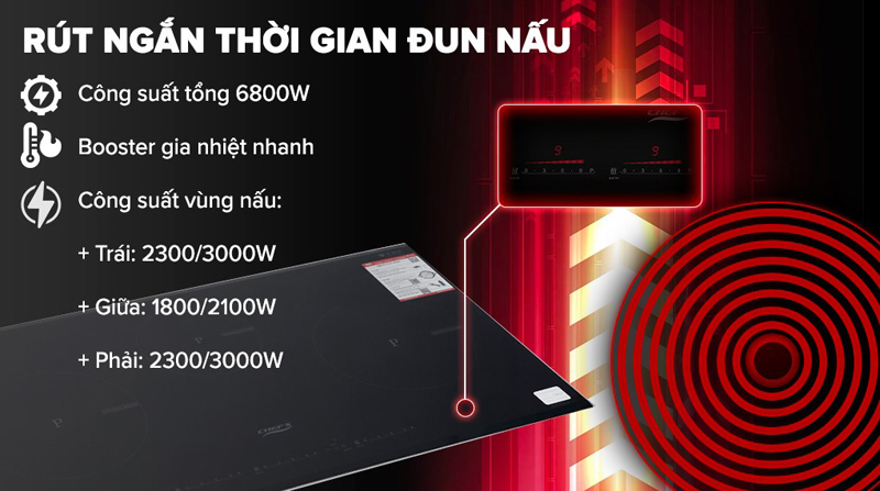 Tổng công suất tiêu thụ điện 6.800W giúp đun nấu nhanh, tiết kiệm thời gian và điện năng