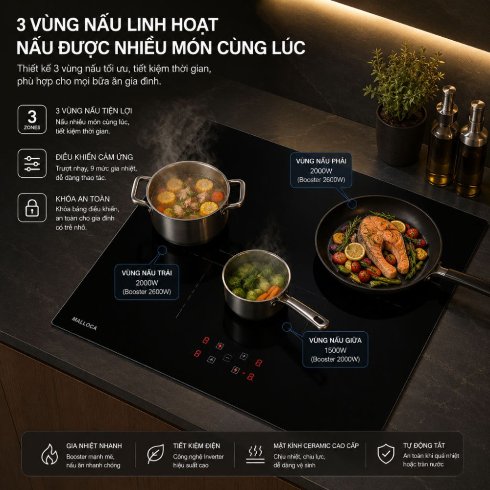 Bếp điện từ 3 vùng nấu Malloca MIH 593 ECO - Hàng chính hãng