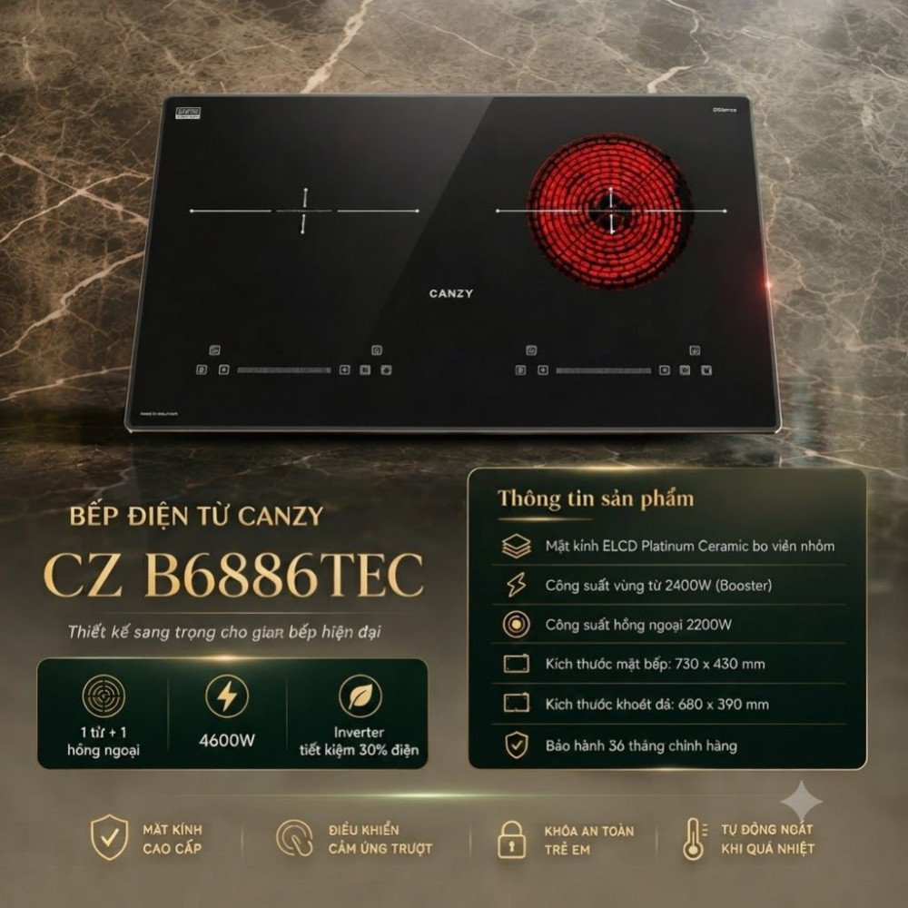 Bếp đôi hồng ngoại điện từ Canzy CZ-B6886TEC - Hàng chính hãng