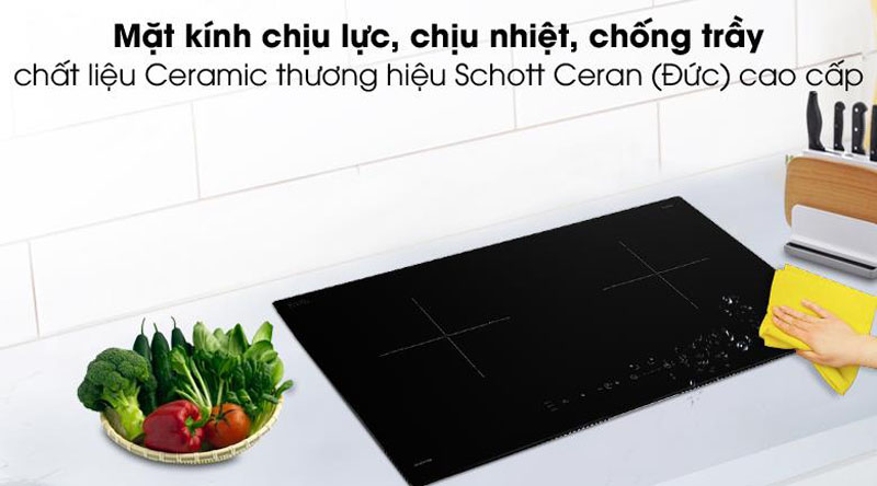 Mặt bếp được làm từ kính Schott Ceran cao cấp, khả năng chịu lực và chịu sốc nhiệt 