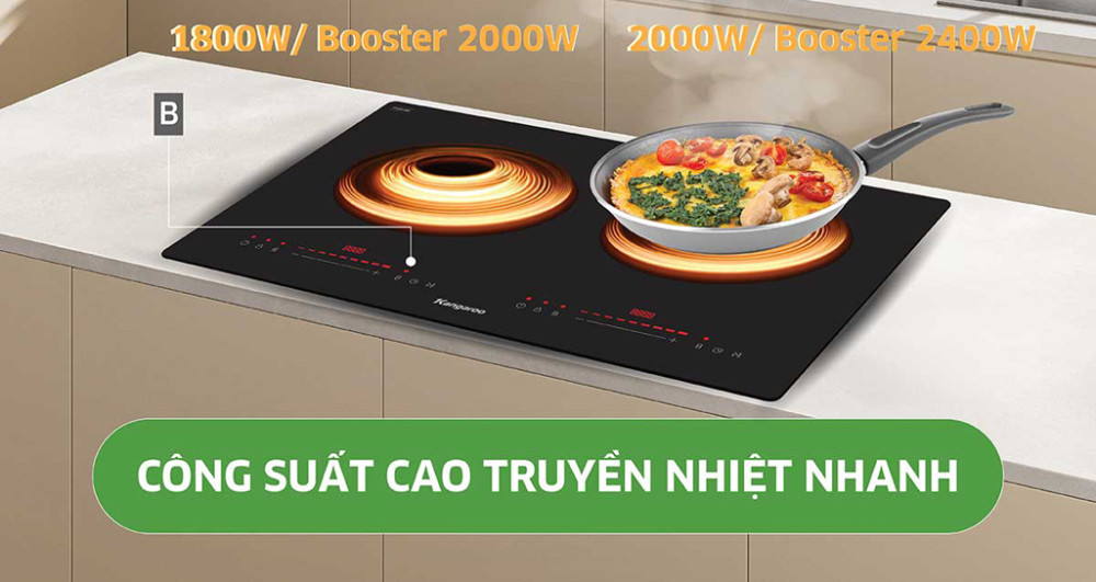 Có 2 vùng nấu với công suất lớn, nấu ăn nhanh chóng