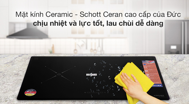 Mặt bếp làm bằng kính Ceramic - Schott Ceran, chịu lực chịu nhiệt tốt,dễ vệ sinh.