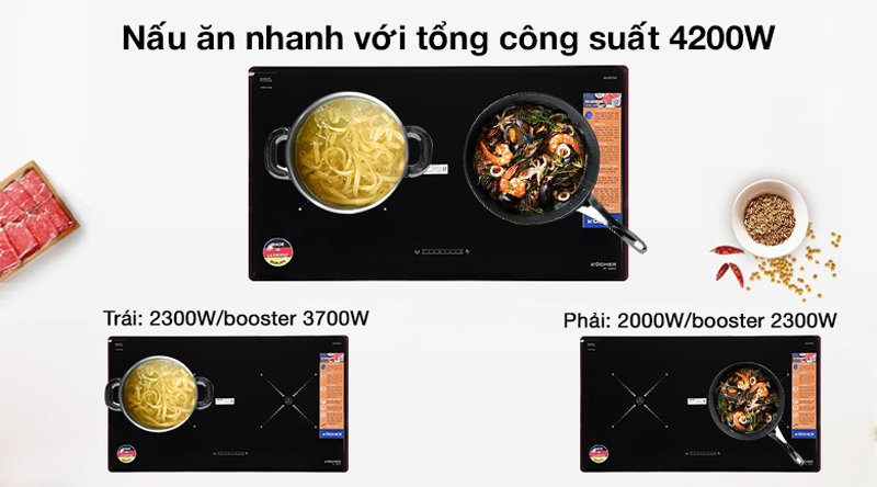 2 bếp nấu với công suất lên đến 4200W, nấu nhanh, tiết kiệm thời gian và điện năng