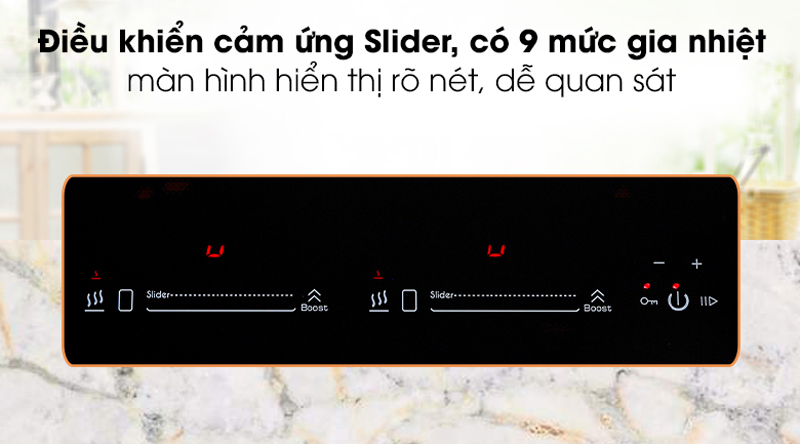 Bảng điều khiển cảm ứng dạng trượt Slider riêng biệt cho 2 bếp, có màn hình LCD hiển thị 