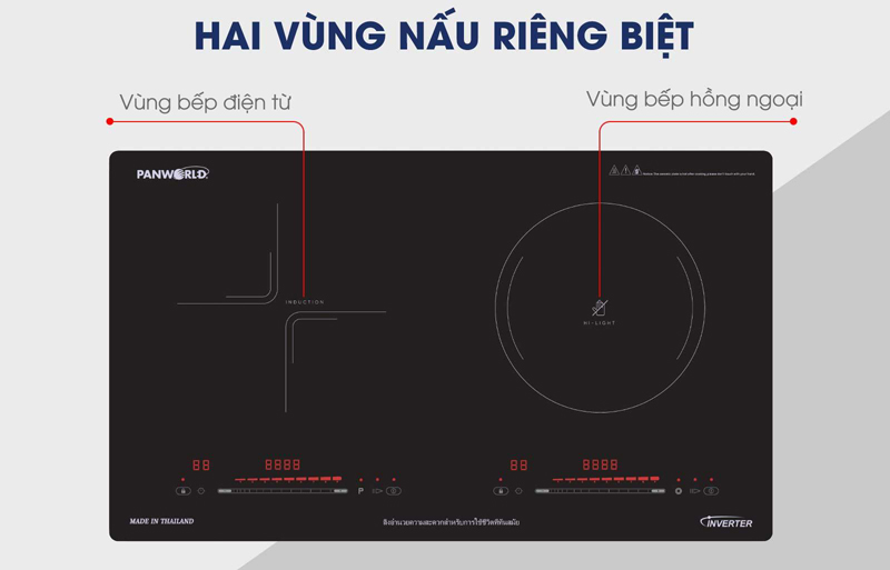 1 bếp hồng ngoại, 1 bếp điện từ. Nấu được tất cả các loại nồi