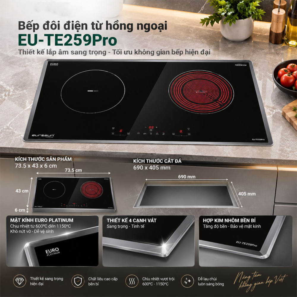 Bếp đôi điện từ hồng ngoại Eurosun EU-TE259Pro - Hàng chính hãng