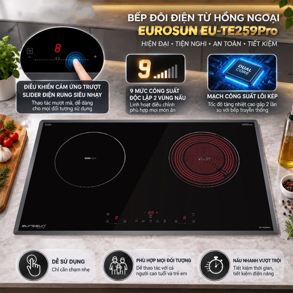 Bếp đôi điện từ hồng ngoại Eurosun EU-TE259Pro - Hàng chính hãng