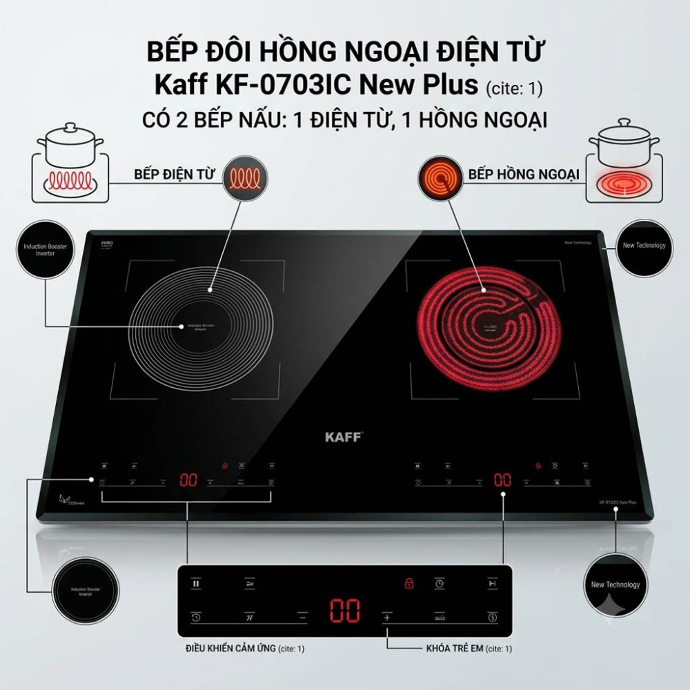 Bếp đôi hồng ngoại điện từ Kaff KF-0703IC New Plus - Hàng chính hãng