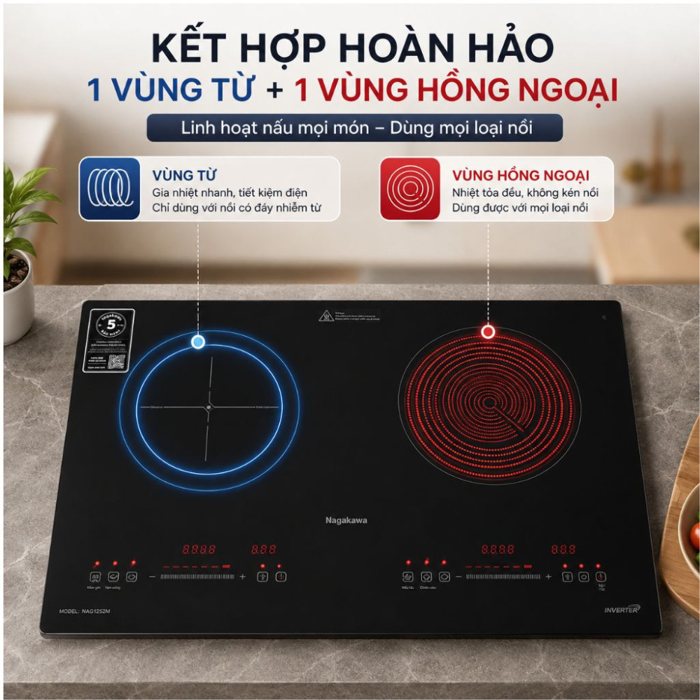 Bếp đôi hồng ngoại điện từ Nagakawa NK2F03M  - Hàng chính hãng
