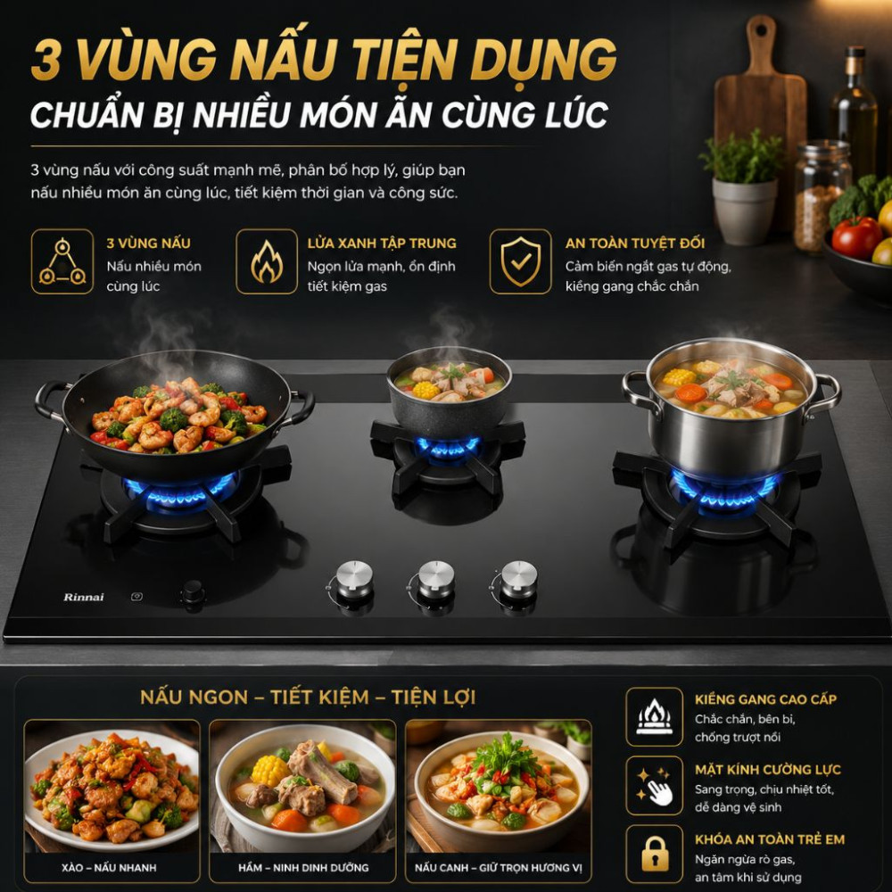 Bếp gas 3 vùng nấu Rinnai RB-3CGT-GEN - Hàng chính hãng