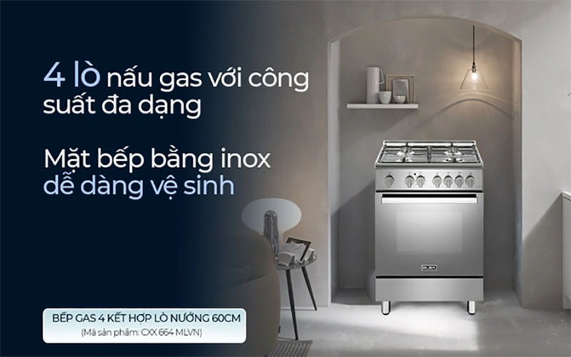 Bếp gas 4 vùng nấu kết hợp lò nướng Elba CXX-664-MLVN 60cm