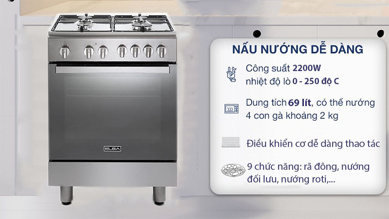 Công suất và dung tích của Bếp gas 4 vùng nấu kết hợp lò nướng Elba CXX-664-MLVN 60cm