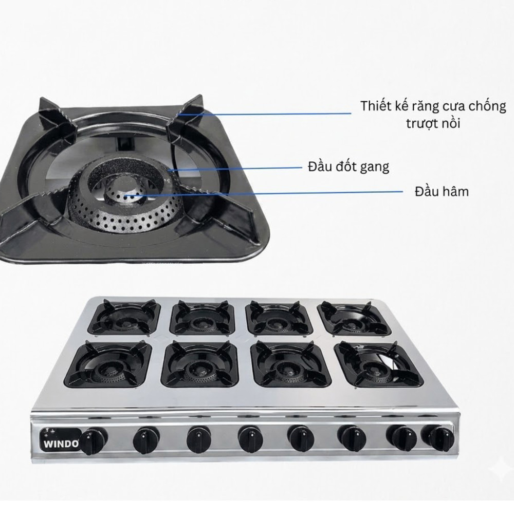Bếp gas công nghiệp 8 lò điếu gang Windo 812 - Hàng chính hãng