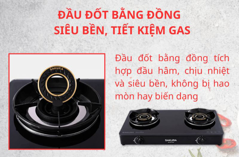 Đầu đốt bằng đồng thau, cho ngọn lửa xanh không đen đáy nồi