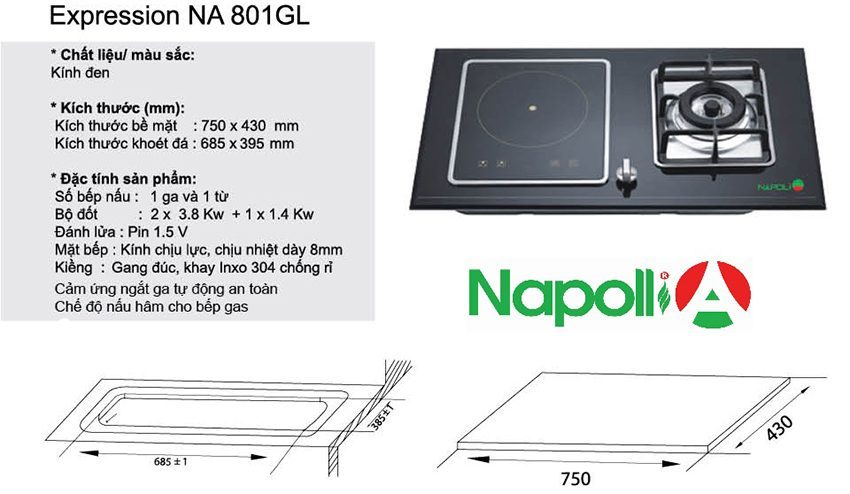 Thiết kế bếp gas kết hợp bếp từ Napoli NA801GL