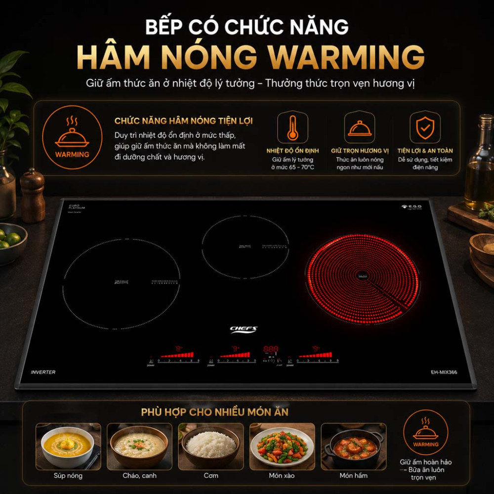 Bếp hồng ngoại điện từ 3 vùng nấu Chefs EH-MIX536  - Hàng chính hãng