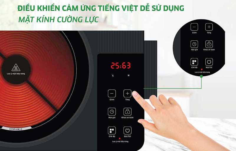 Mặt bếp bằng kính cường lực,  có khả năng chịu nhiệt tốt,