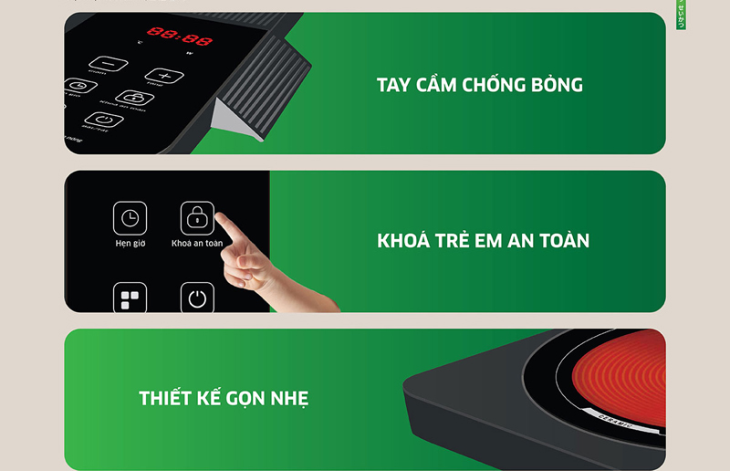 Thiết kế tay cầm chống bỏng, khóa an toàn trẻ em