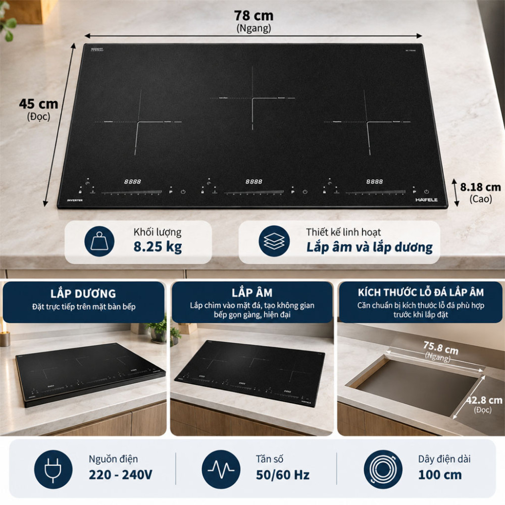 Bếp từ 3 vùng nấu lắp âm Hafele HC-I7834B (536.61.719) - Hàng chính hãng