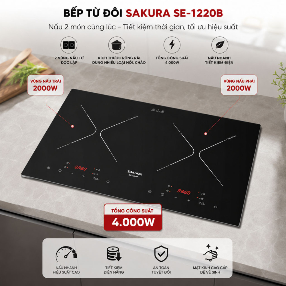 Bếp từ đôi Sakura SE-1220B - Hàng chính hãng