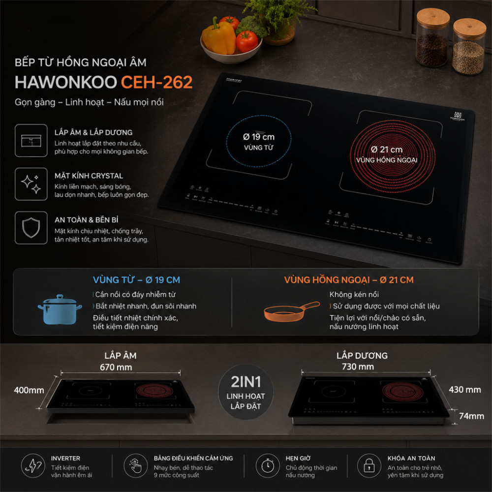 Bếp từ hồng ngoại âm Hawonkoo CEH-262 - Hàng chính hãng
