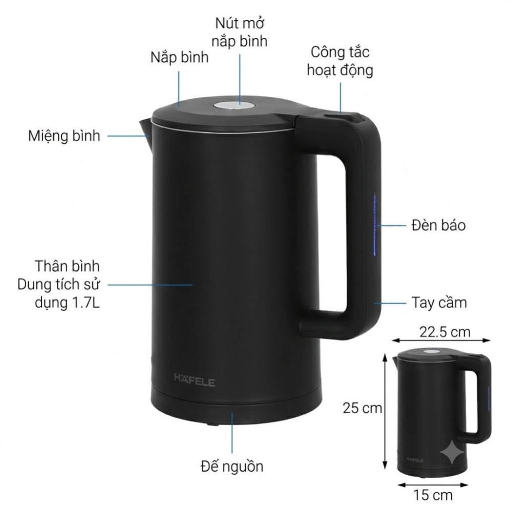Bình đun siêu tốc Hafele 1.7 lít HS-K1705DB (535.43.548) - Hàng chính hãng