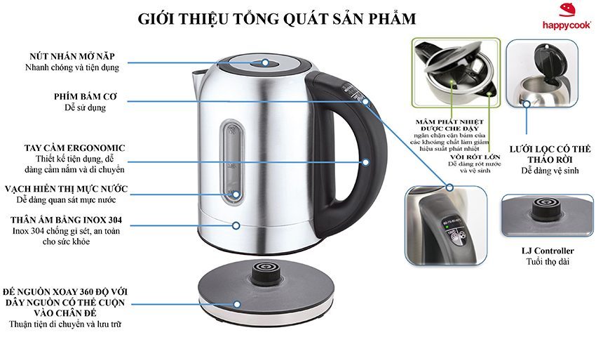 Chi tiết của bình đun siêu tốc inox điện tử Happy Cook HEK-170D