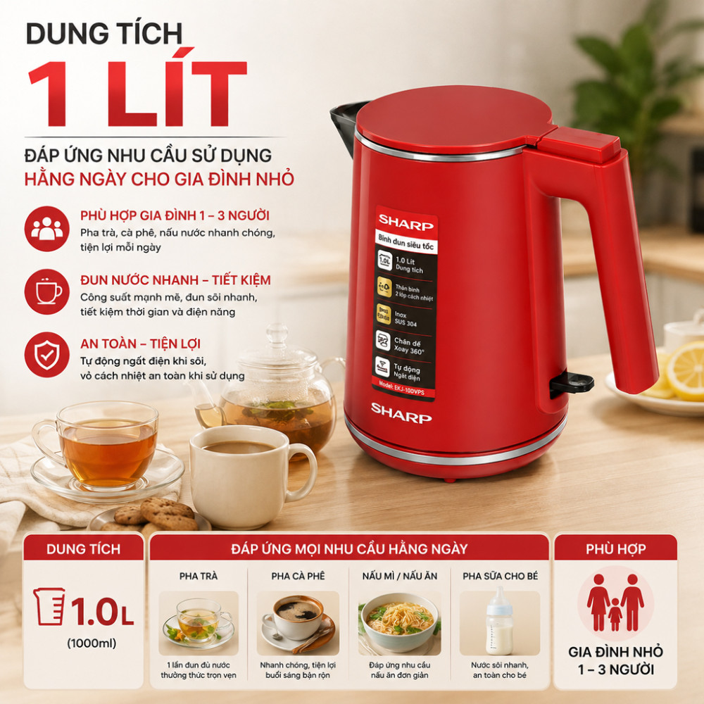 Bình đun siêu tốc Sharp 1 lít EKJ-10DVPS-BK/RD - Hàng chính hãng