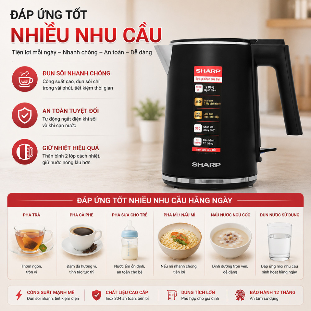 Bình đun siêu tốc Sharp 1 lít EKJ-10DVPS-BK/RD - Hàng chính hãng