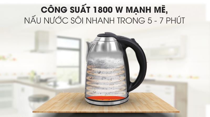 Công suất 1800W giúp nấu nước nhanh sôi, giúp tiết kiệm điện năng và thời gian