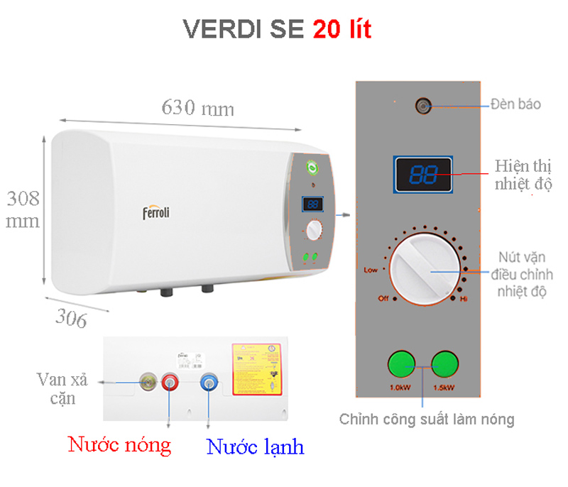 Bình tắm nóng lạnh gián tiếp Ferroli Verdi-AG+ 20L 